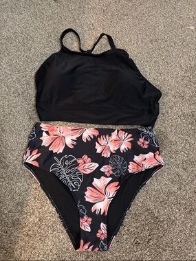 Black High-Neck Bikini Top with Coral Floral High-Waist Bottom